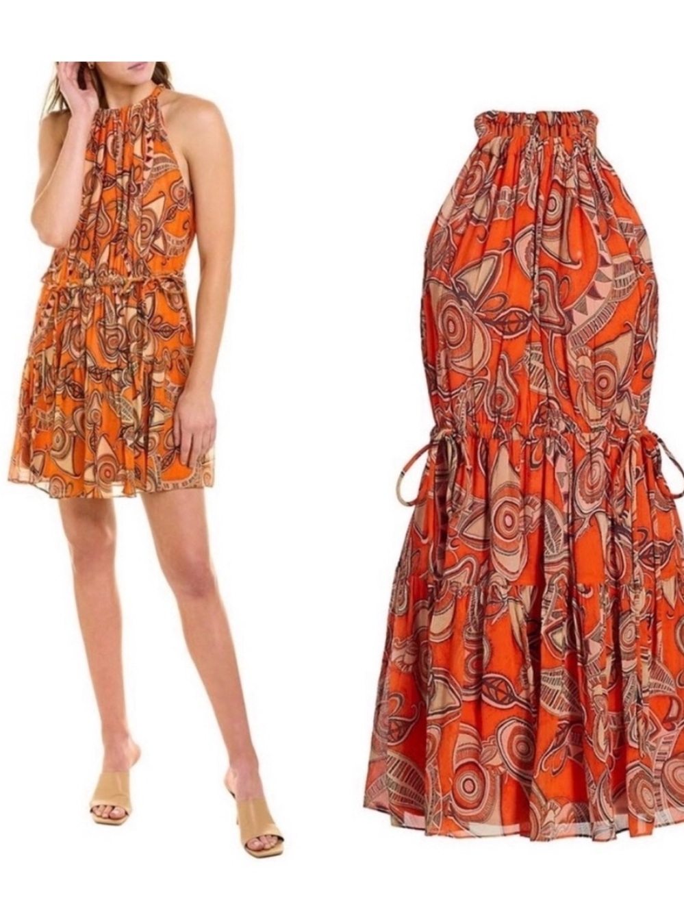 ALC Bella Halter Tie Waist Orange Printed Mini Dress